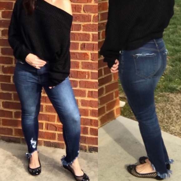 KANCAN KC8395D Blue Dark Wash Skinny Jeans Raw Hem - Picture 5 of 10